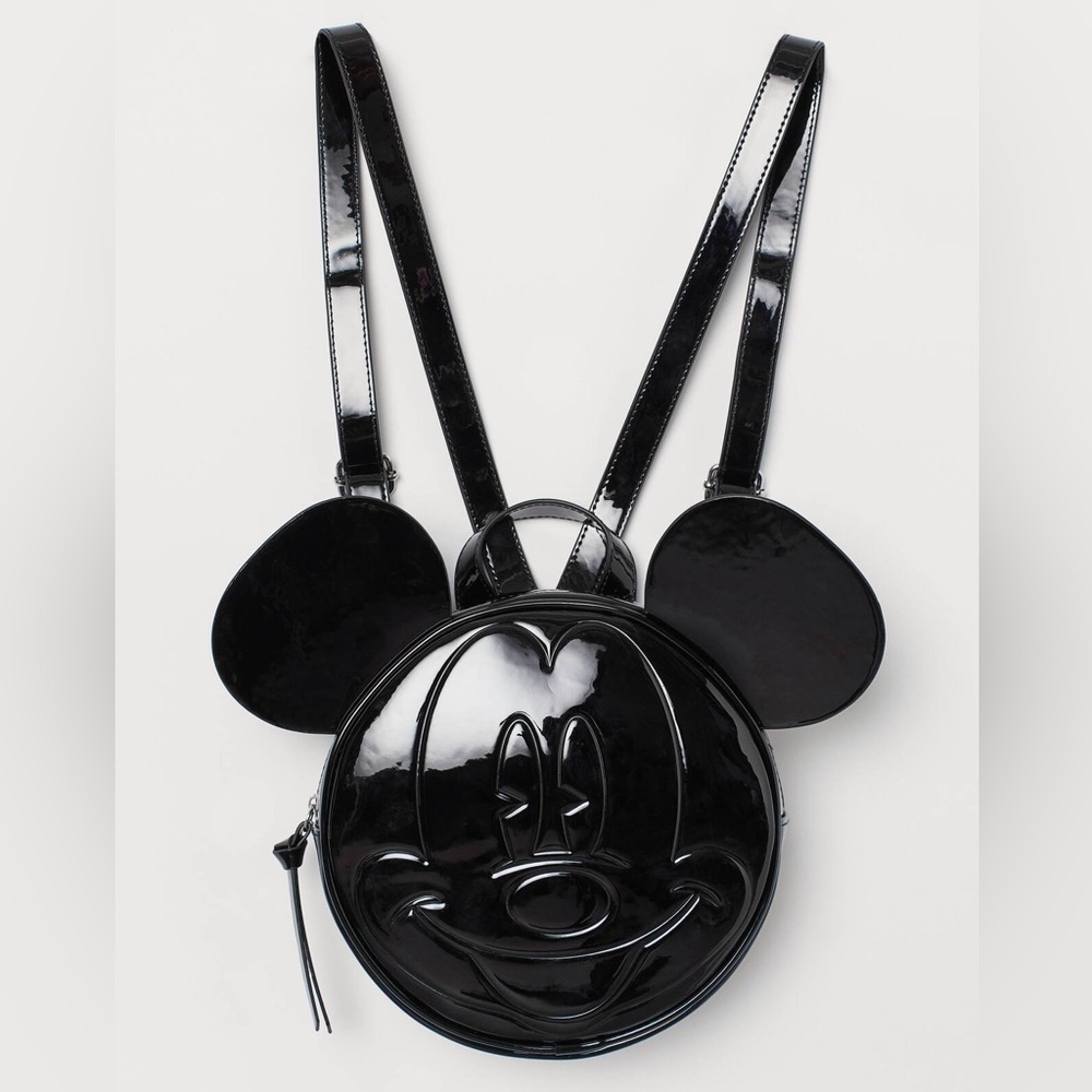 H&M RARE Disney Mickey Mouse Black Faux Patent Leather Round Backpack
